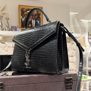 Saint Laurent Black Croc-Embossed Crossbody Bag
